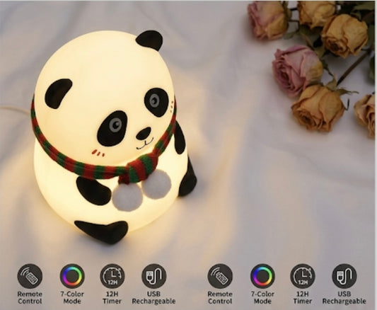 Adorable panda led night rechargeable remote controlled 7 color soft silicone nursery lamp for kids